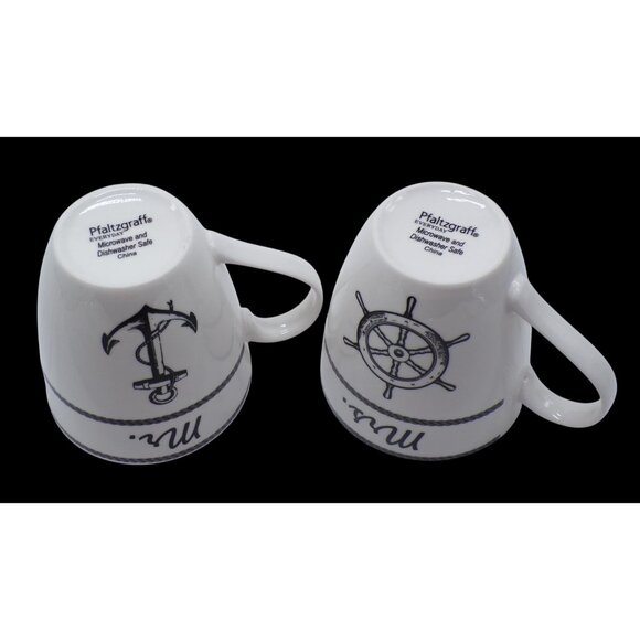 Pfaltzgraff Set-2 Mr. & Mrs. Anchor & Wheel Nautical Theme Large Coffee Mugs - Picture 4 of 8